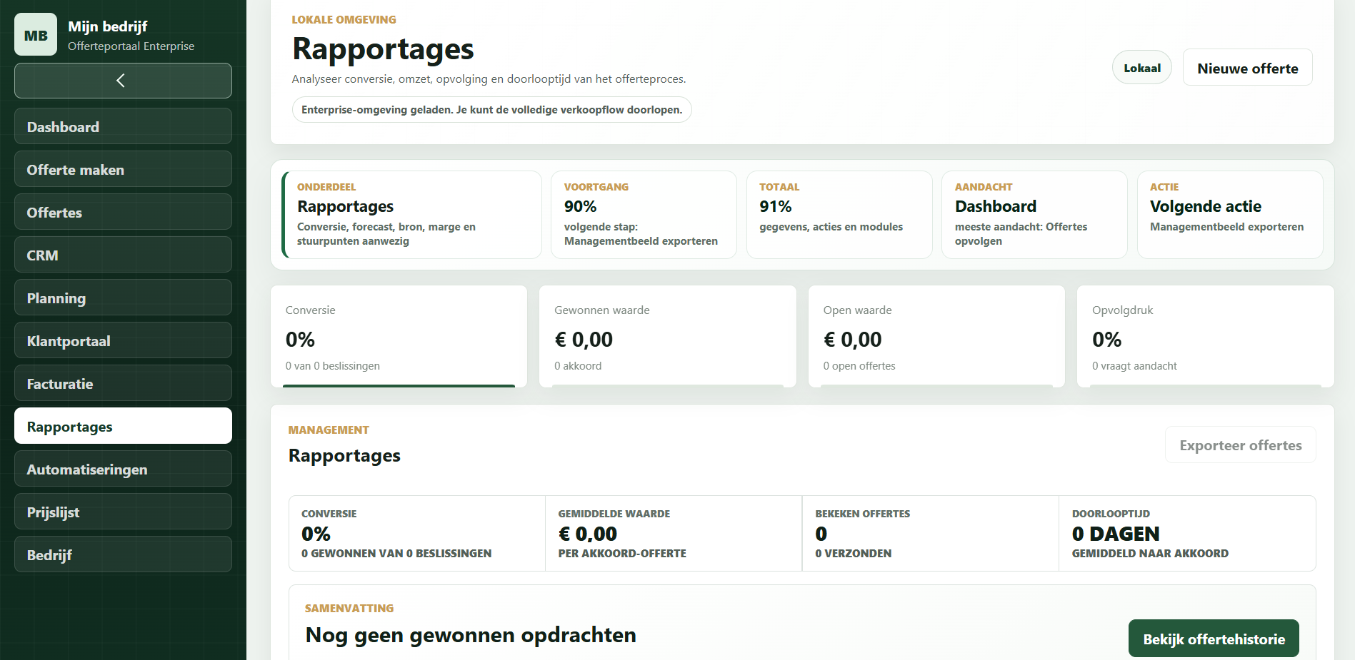 Enterprise-portaal met rapportages en vervolgstappen.