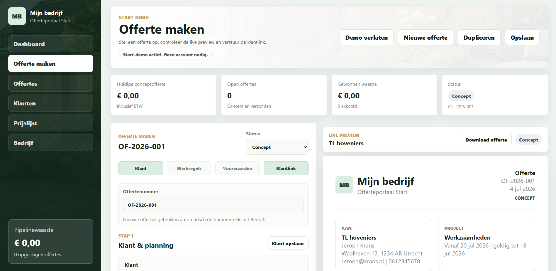Start-portaal met offerte maken, klantgegevens en live preview.