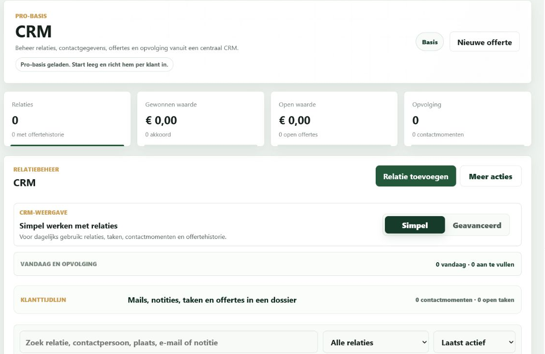 Grote screenshot van CRM, klantdossier en opvolging in OffertePortaal.