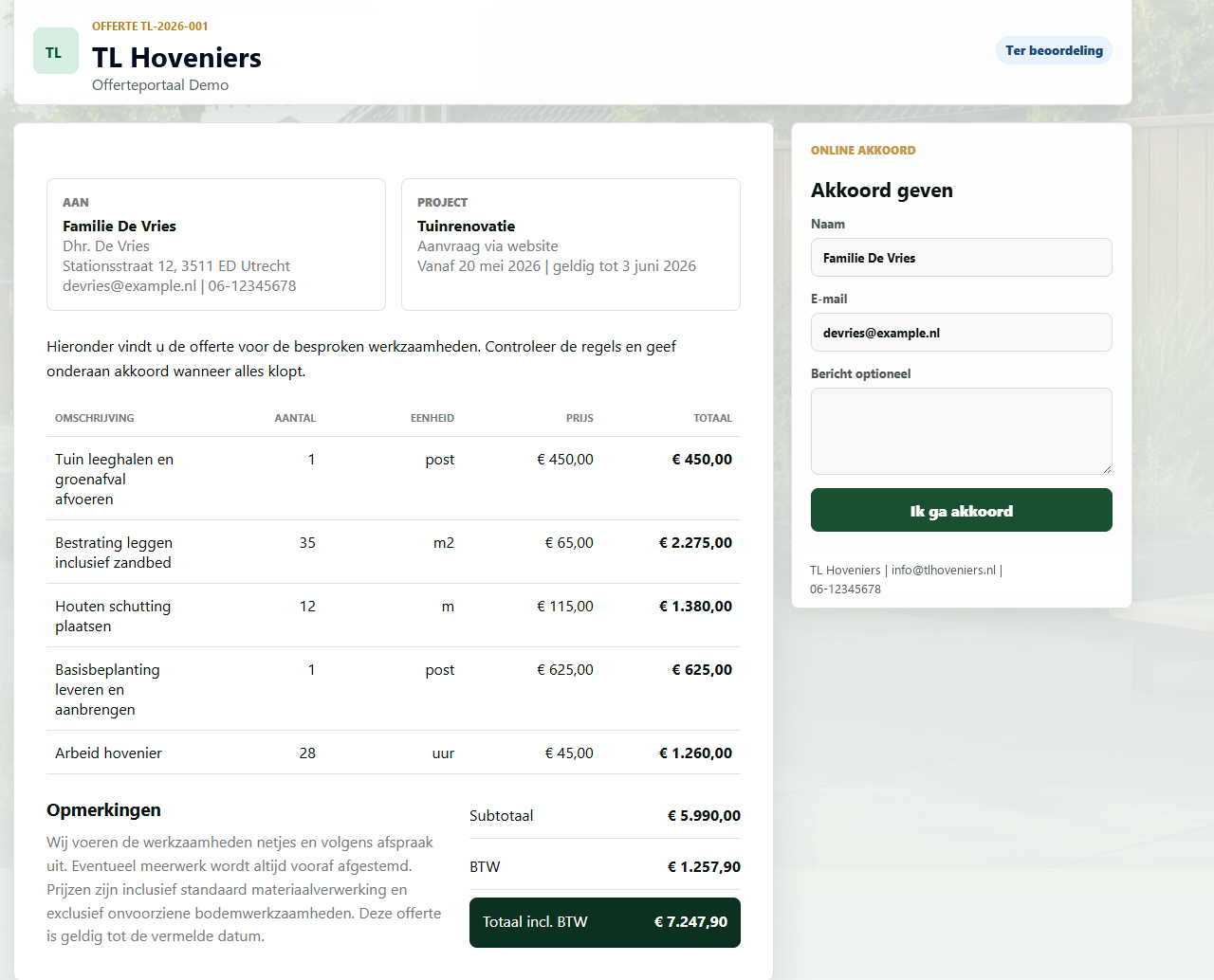 Grote screenshot van online akkoord via klantlink in OffertePortaal.