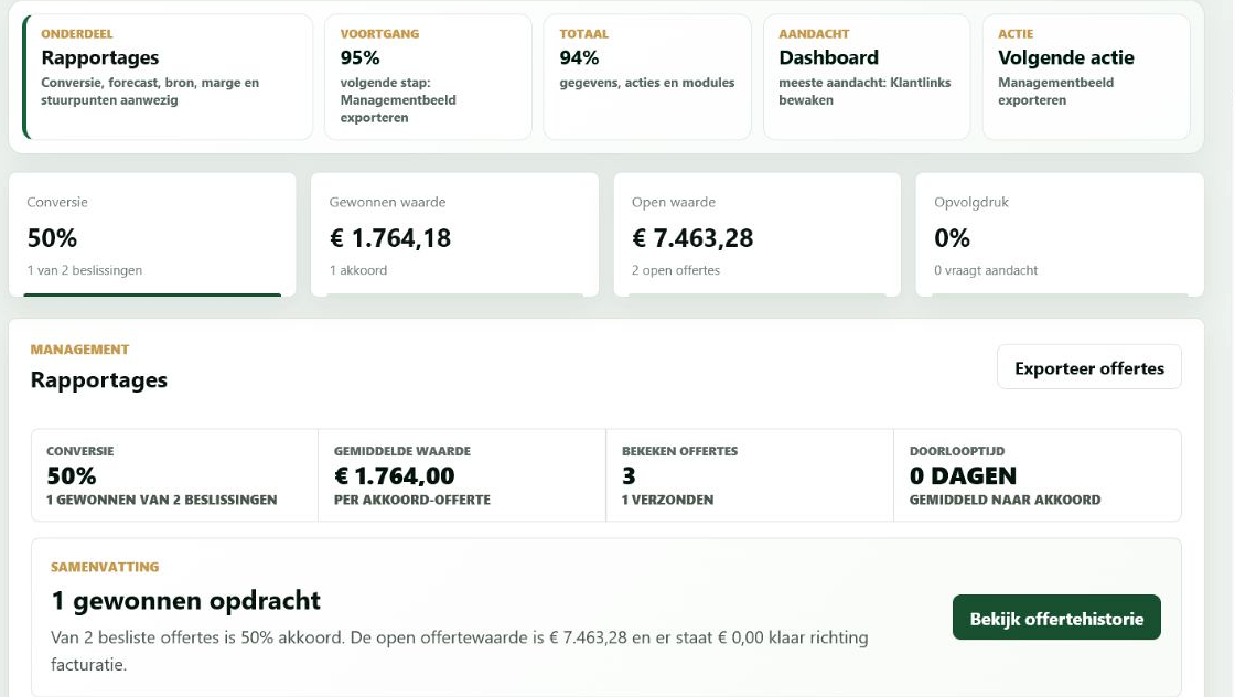 Grote screenshot van rapportage en facturatievoorbereiding in OffertePortaal.